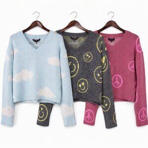 Women’s Cropped Sweater Bundle 3pc Soft Knit 2 Size Medium 1 Size S Y2k Graphic